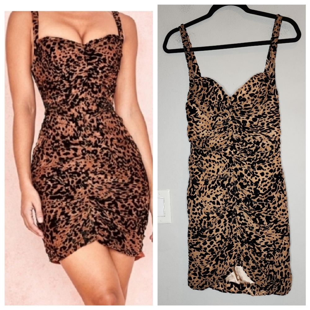 House Of CB Cleo Leopard Print Corset Ruched Dress Size Small Animal Print Party